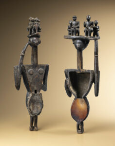 India (Bihar/ Orissa) Santal group of Munda people Mid 19th century Wood, goat skin H. 80,5 & 79 cm