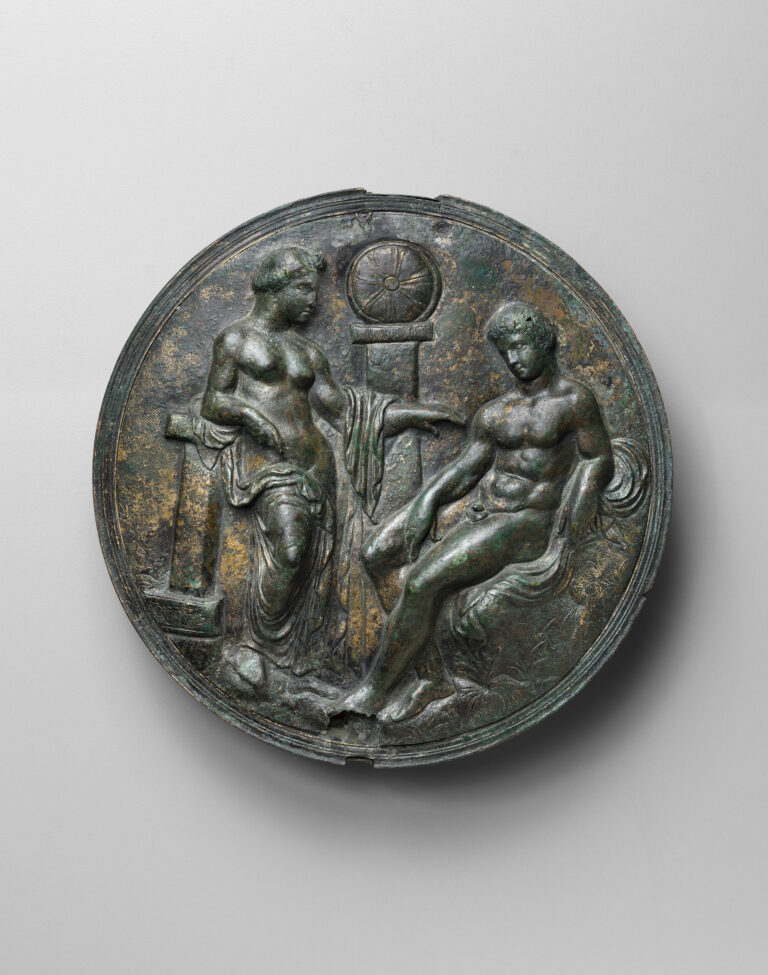 BOX MIRROR DEPICTING APHRODITE AND A SEATED MALE FIGURE