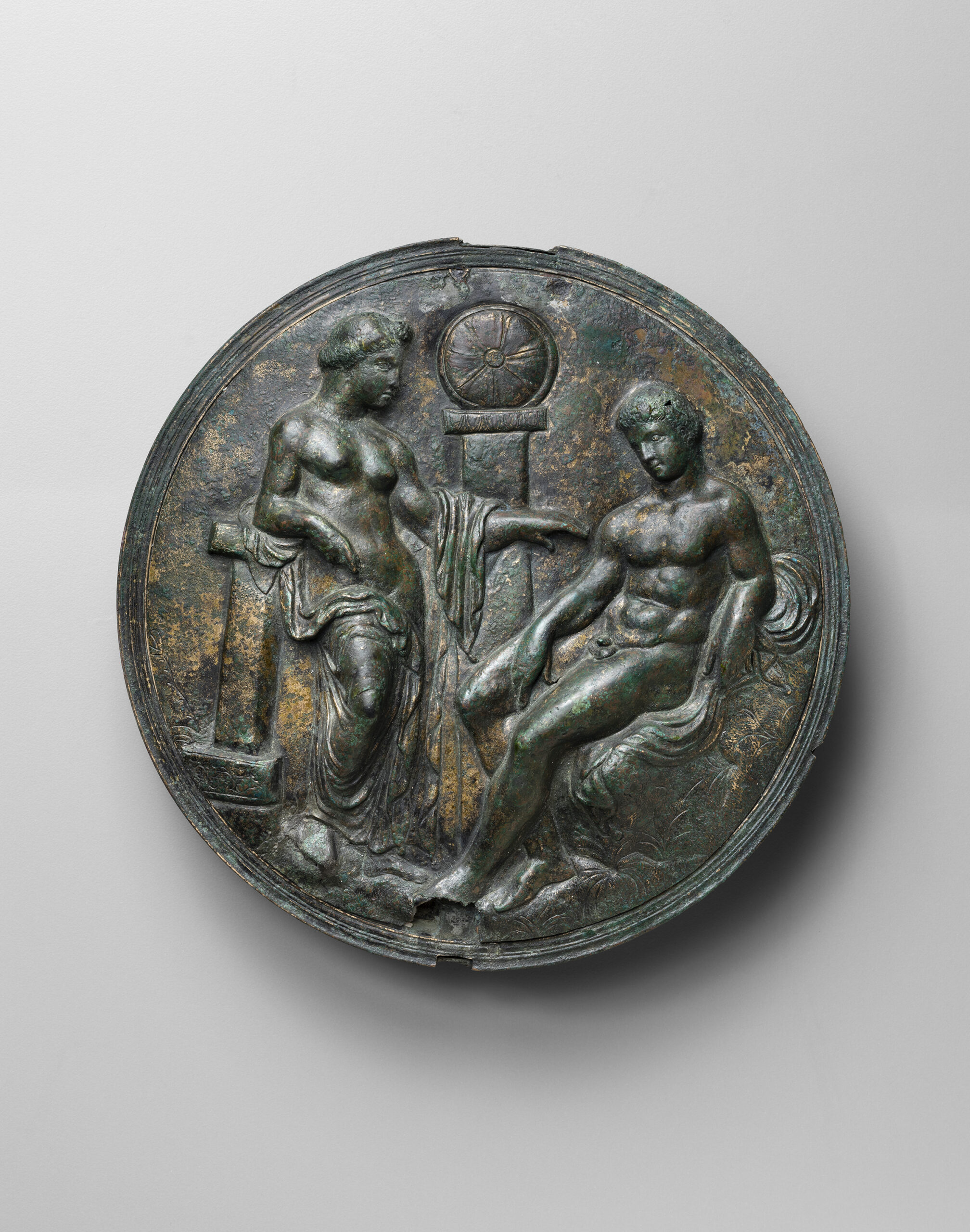 BOX MIRROR DEPICTING APHRODITE AND A SEATED MALE FIGURE